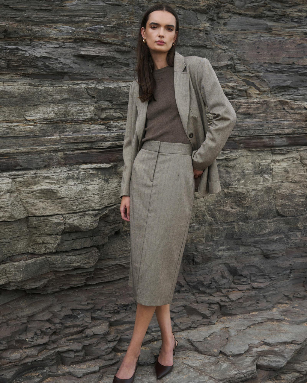 Allara Herringbone Midi Skirt