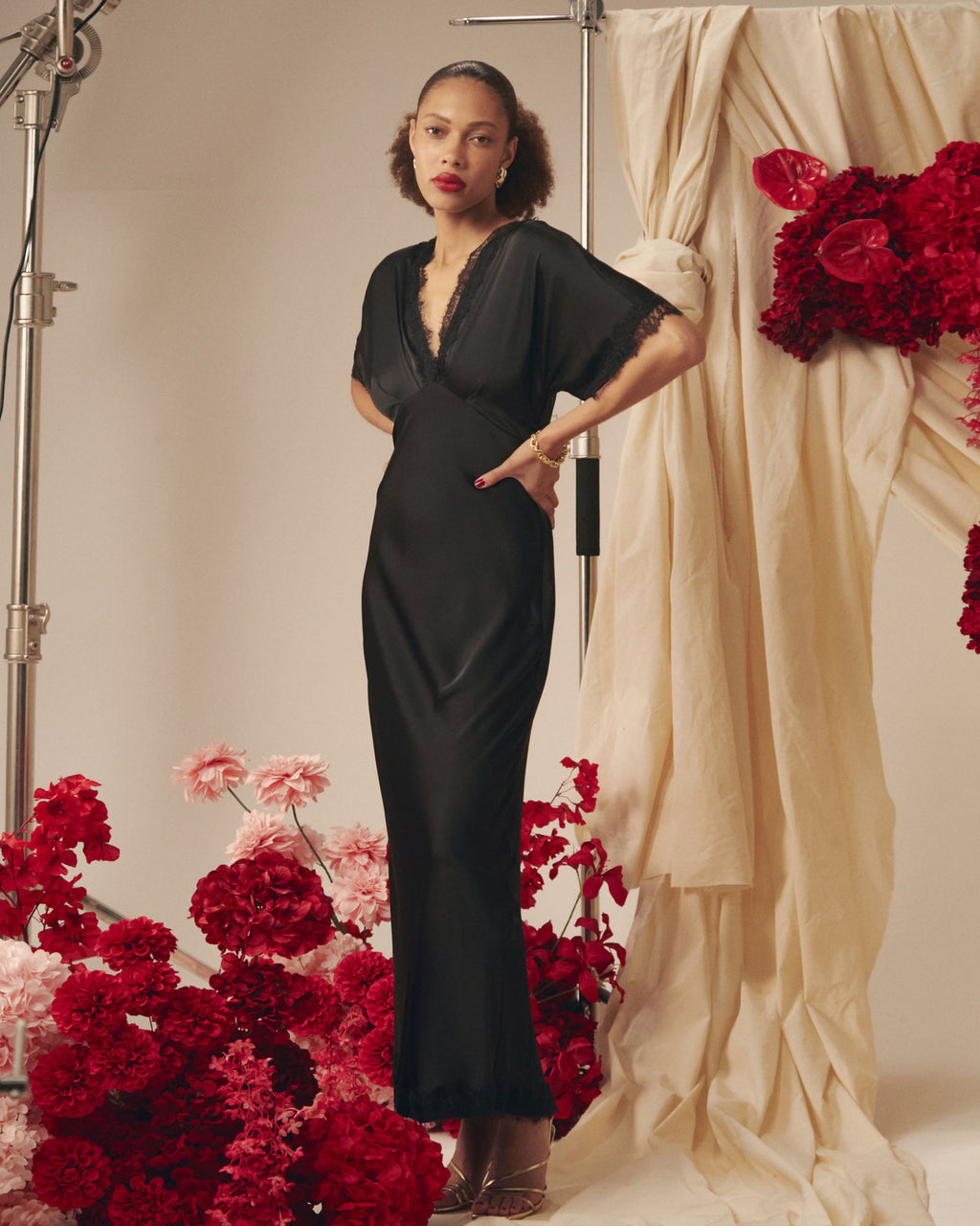 Cleo Lace Trim Satin Dress